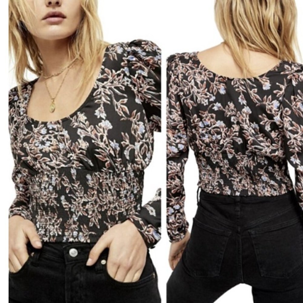 FREE PEOPLE Santiago Blouse Black Floral Long Sleeve Scoop Neck Smock Top